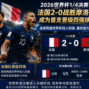 2026世界杯1/4决赛：法国2-0击败摩洛哥率先晋级四强
